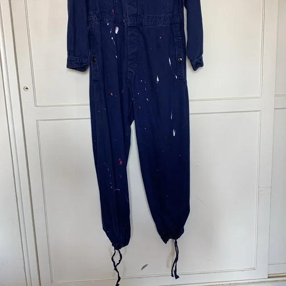 Artist coveralls, jumpsuit, patches and paint, drawstring bottoms, button up